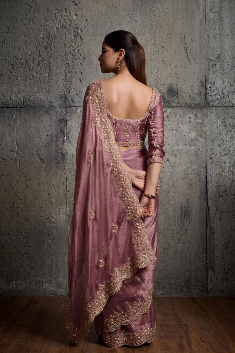 Mauve Purple Organza Silk Saree with Hand Embroidery with Stitched Blouse