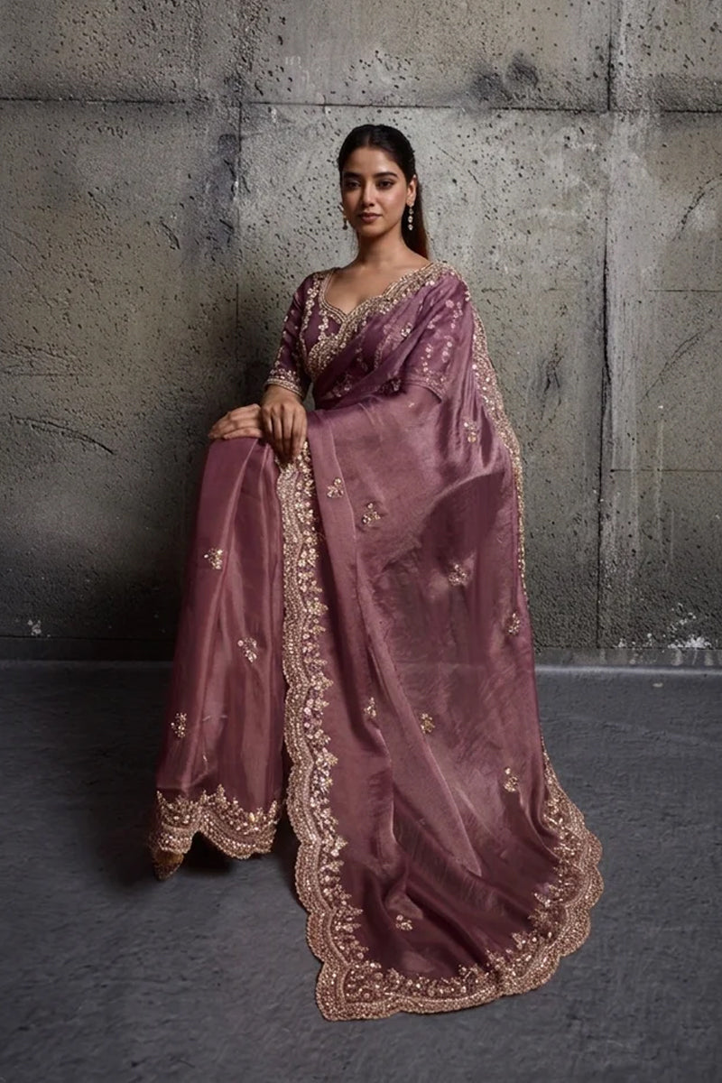 Mauve Purple Organza Silk Saree with Hand Embroidery with Stitched Blouse