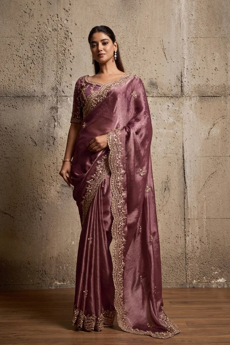 Mauve Purple Organza Silk Saree with Hand Embroidery with Stitched Blouse