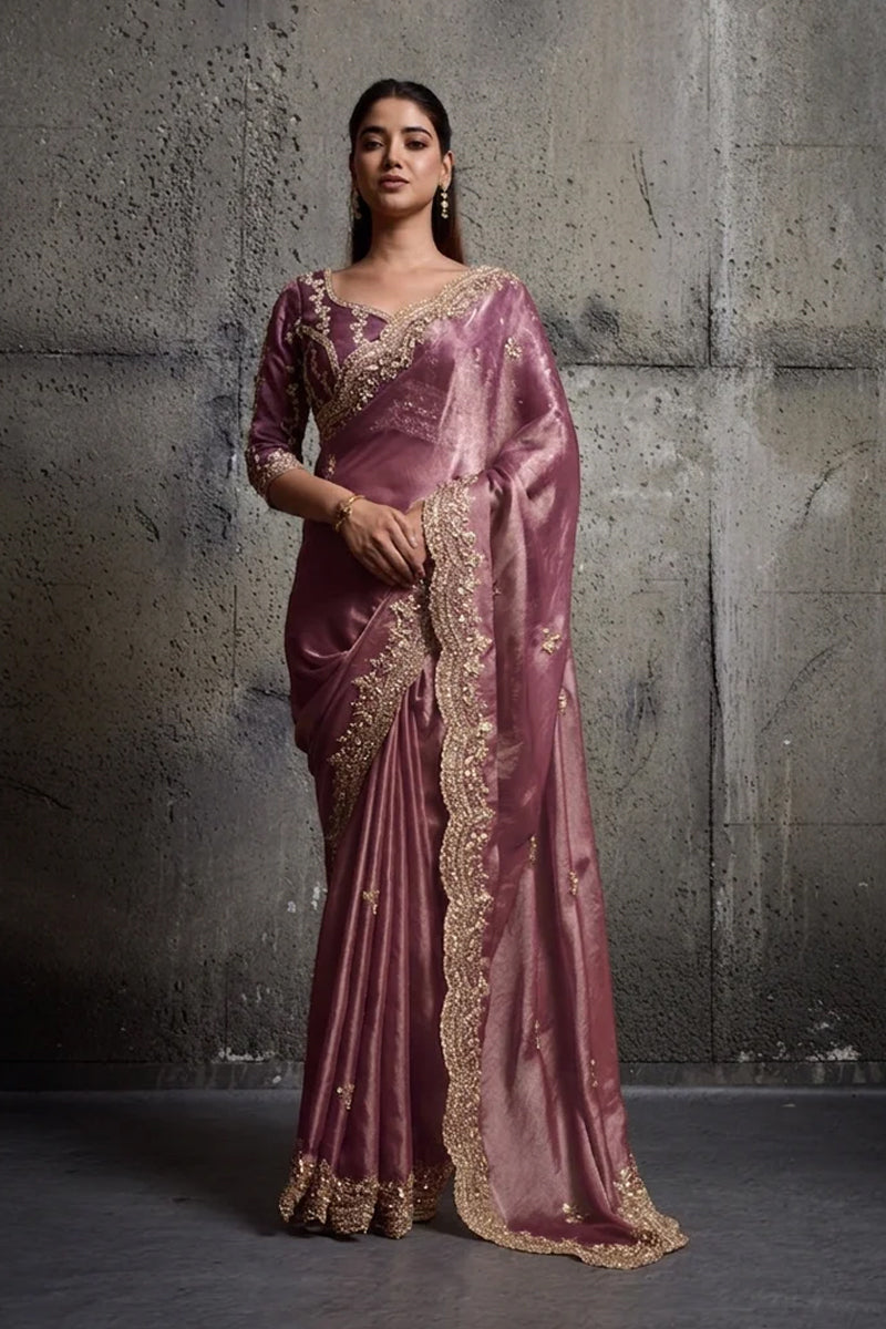 Mauve Purple Organza Silk Saree with Hand Embroidery with Stitched Blouse