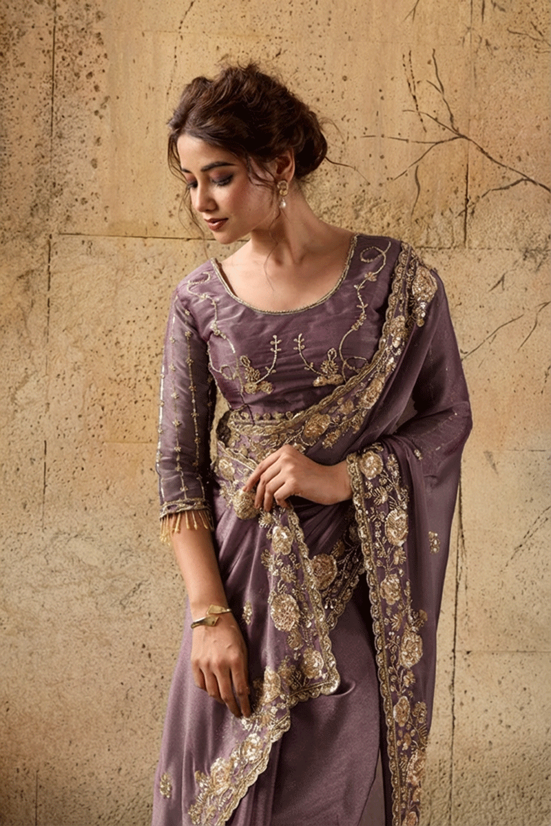 Mauve Purple Organza Saree with Floral Hand Embroidery