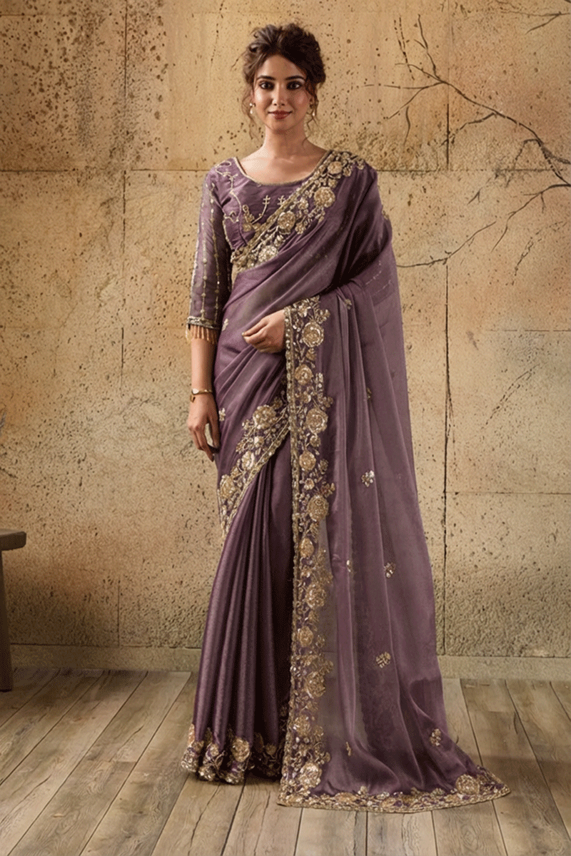 Mauve Purple Organza Saree with Floral Hand Embroidery