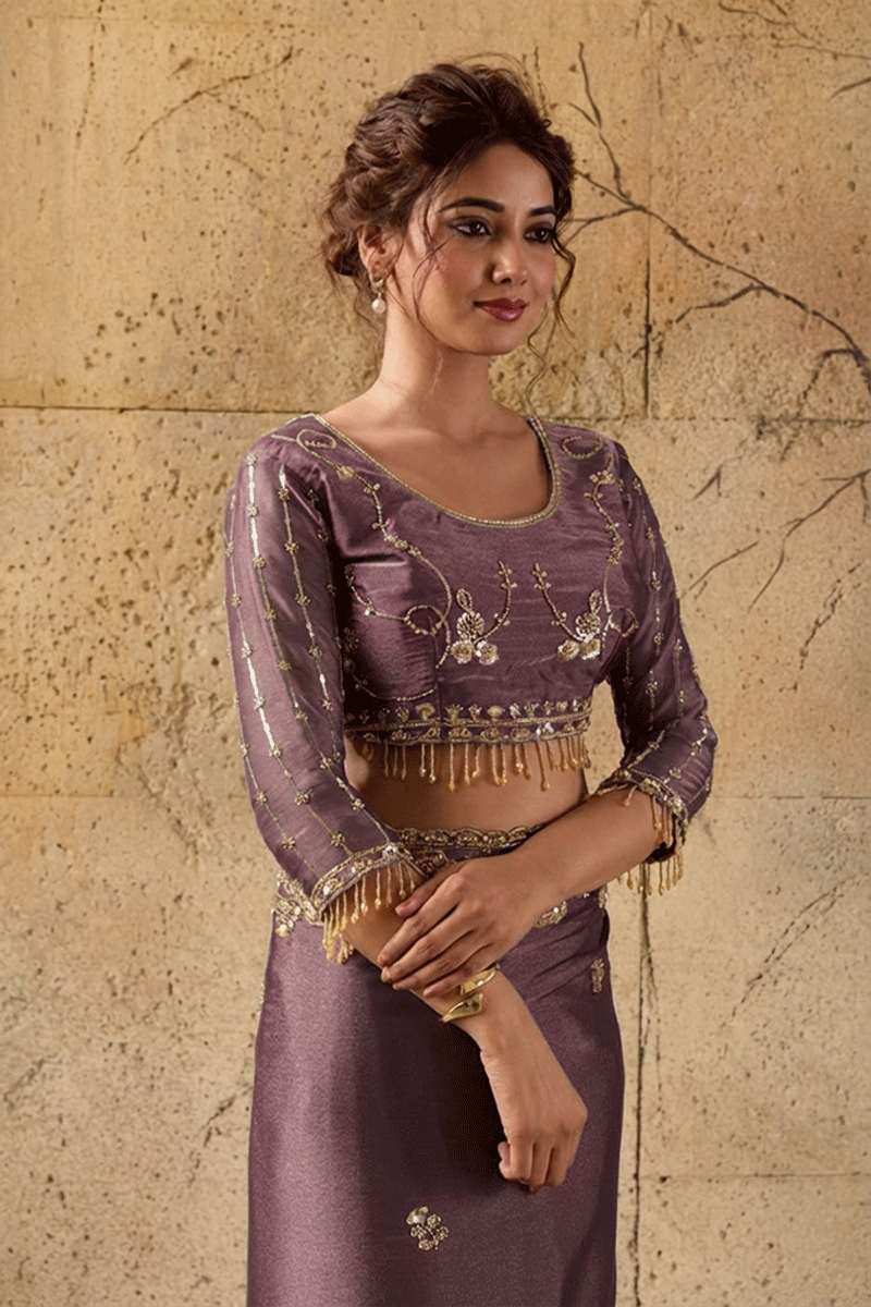 Mauve Purple Organza Saree with Floral Hand Embroidery