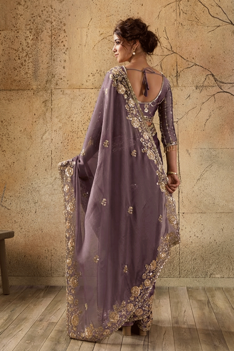 Mauve Purple Organza Saree with Floral Hand Embroidery