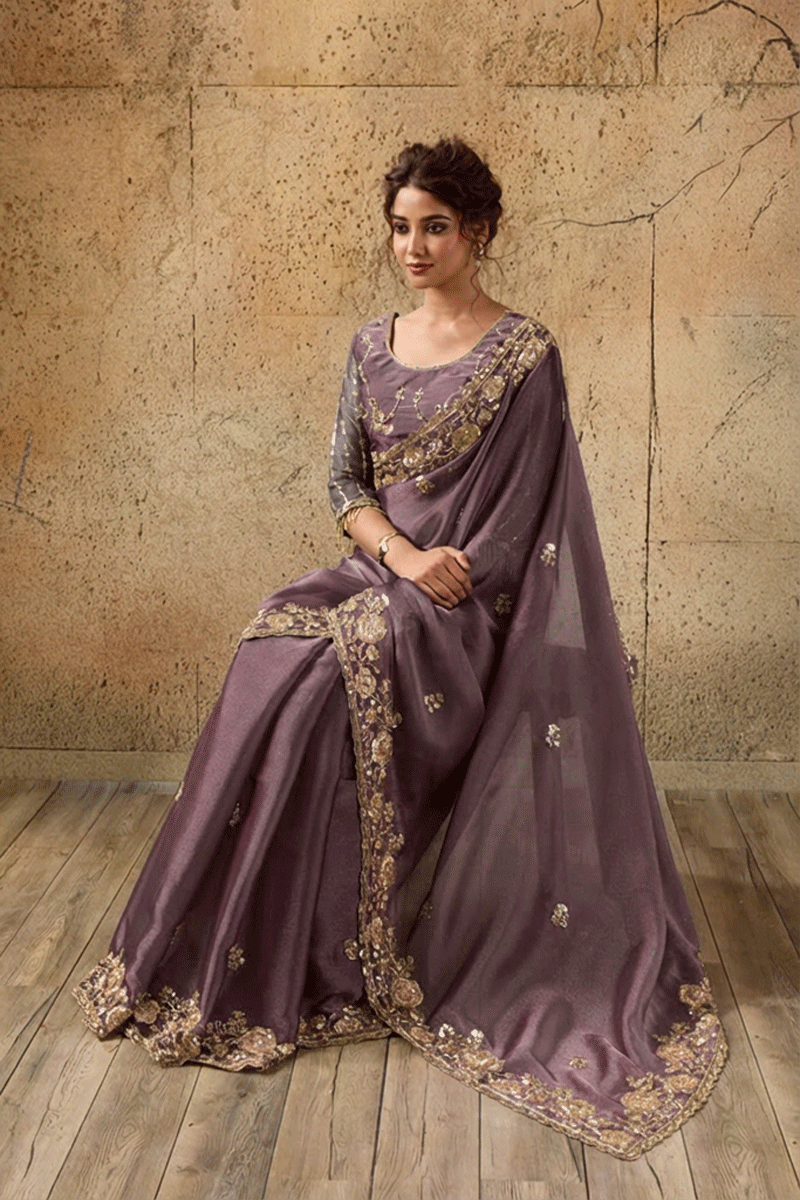 Mauve Purple Organza Saree with Floral Hand Embroidery