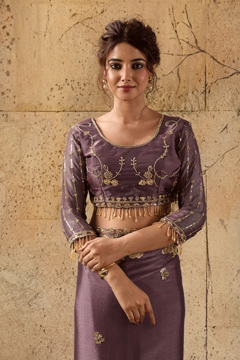 Mauve Purple Organza Saree with Floral Hand Embroidery