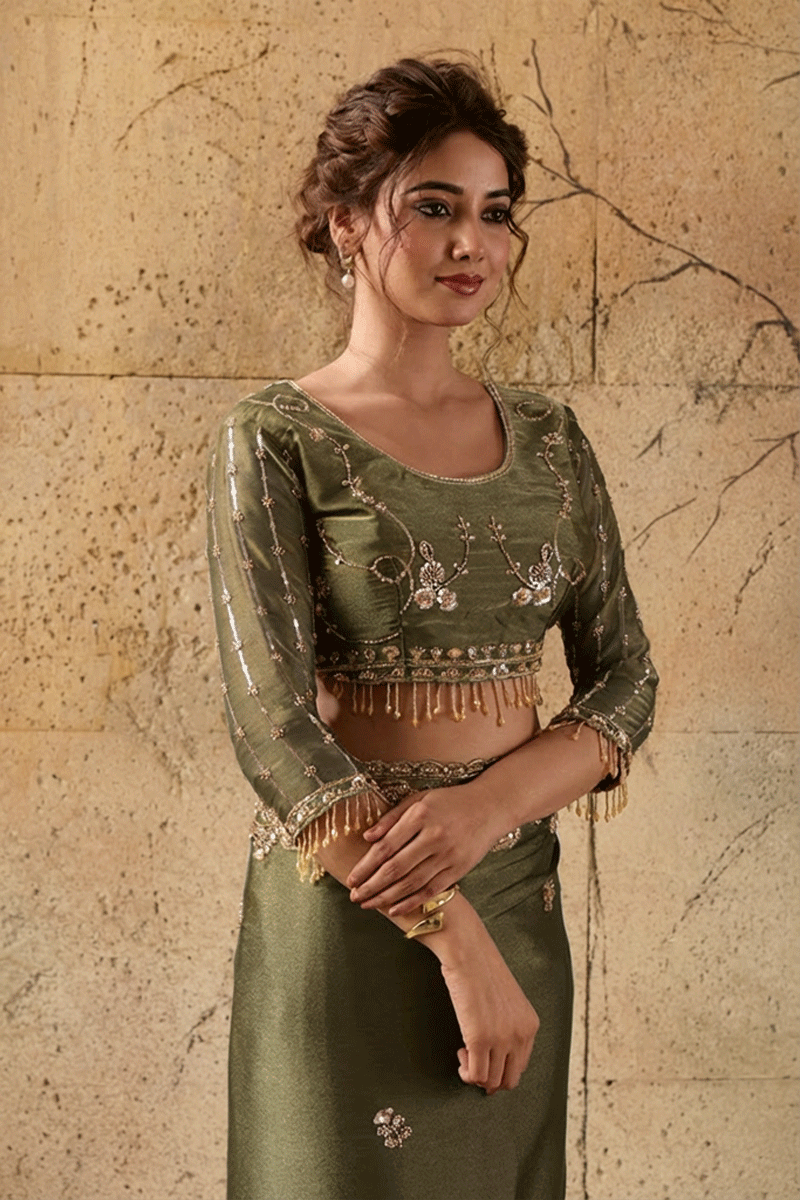 Mehandi Green Organza Saree with Floral Hand Embroidery