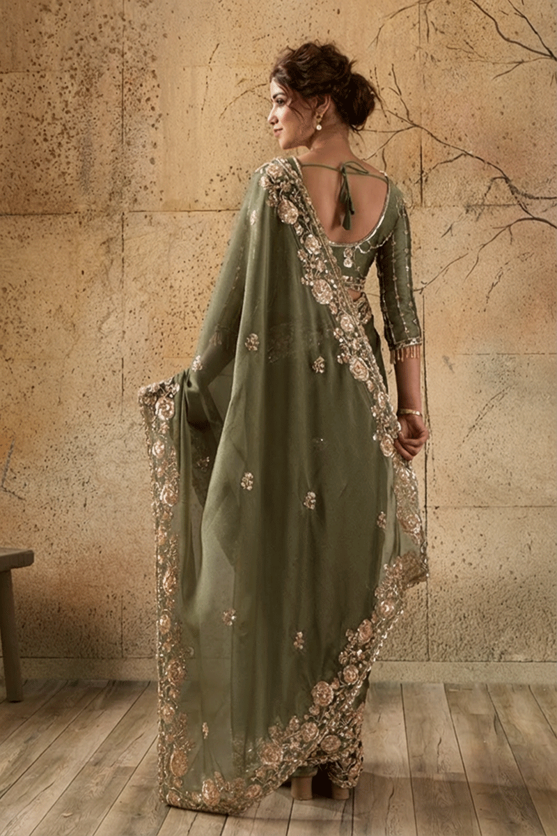 Mehandi Green Organza Saree with Floral Hand Embroidery