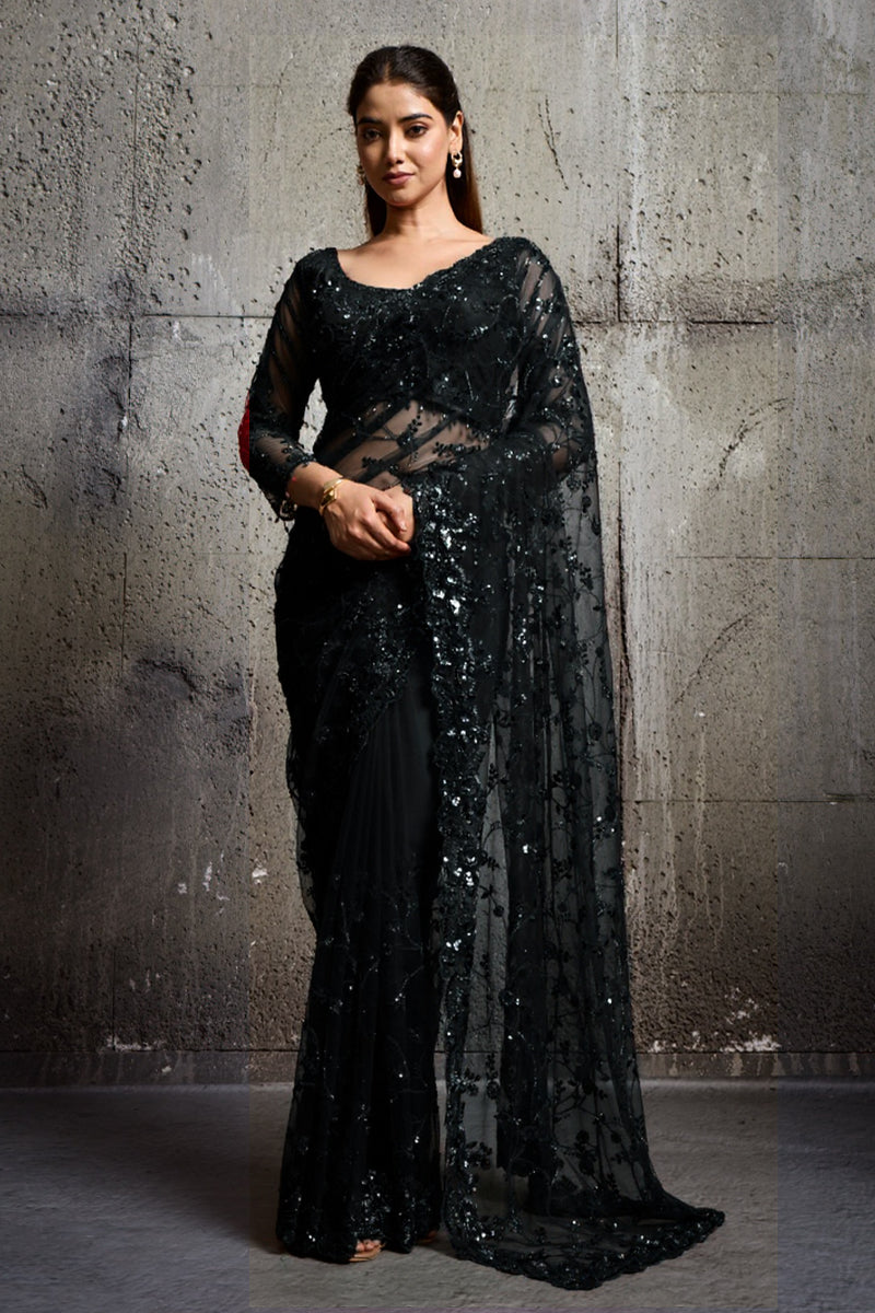 Black Net Saree With Sequin Hand Embroidery with Stitched Blouse