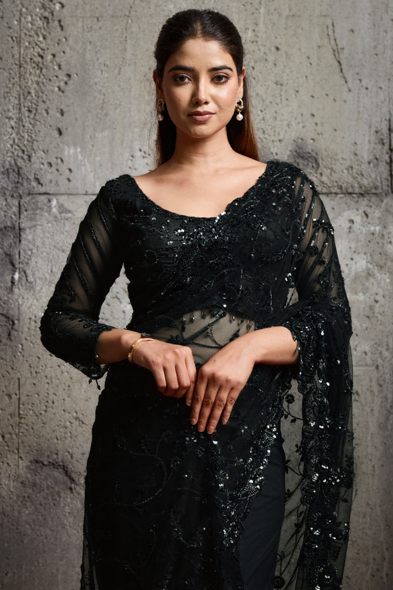 Black Net Saree With Sequin Hand Embroidery with Stitched Blouse