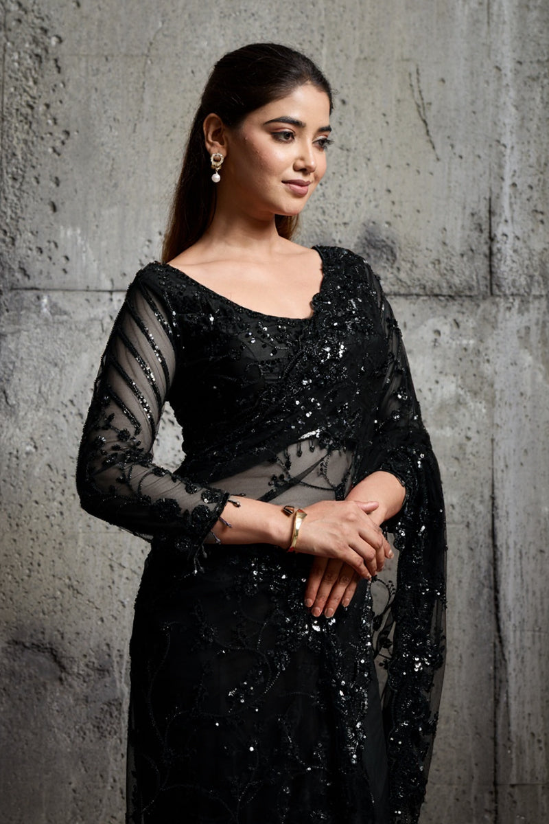 Black Net Saree With Sequin Hand Embroidery with Stitched Blouse
