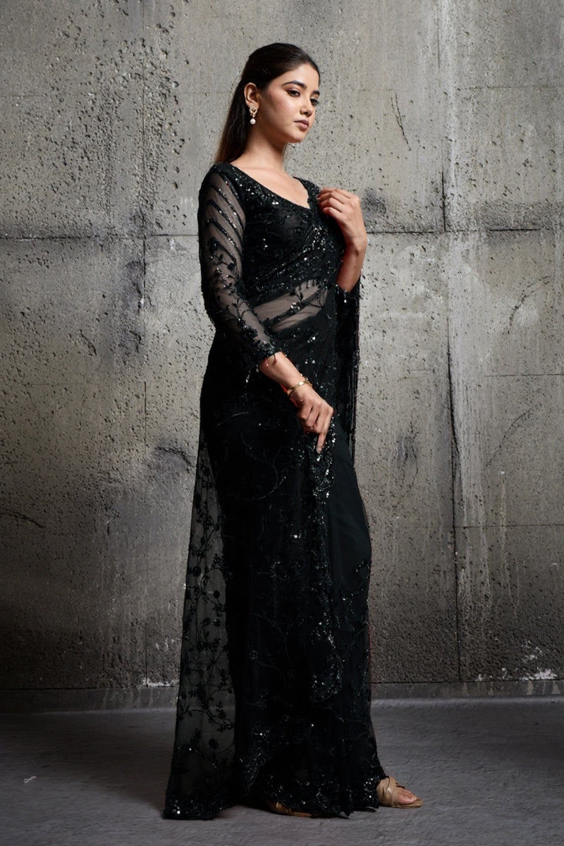 Black Net Saree With Sequin Hand Embroidery with Stitched Blouse