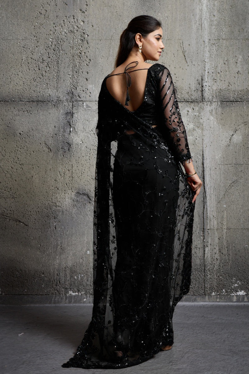 Black Net Saree With Sequin Hand Embroidery with Stitched Blouse