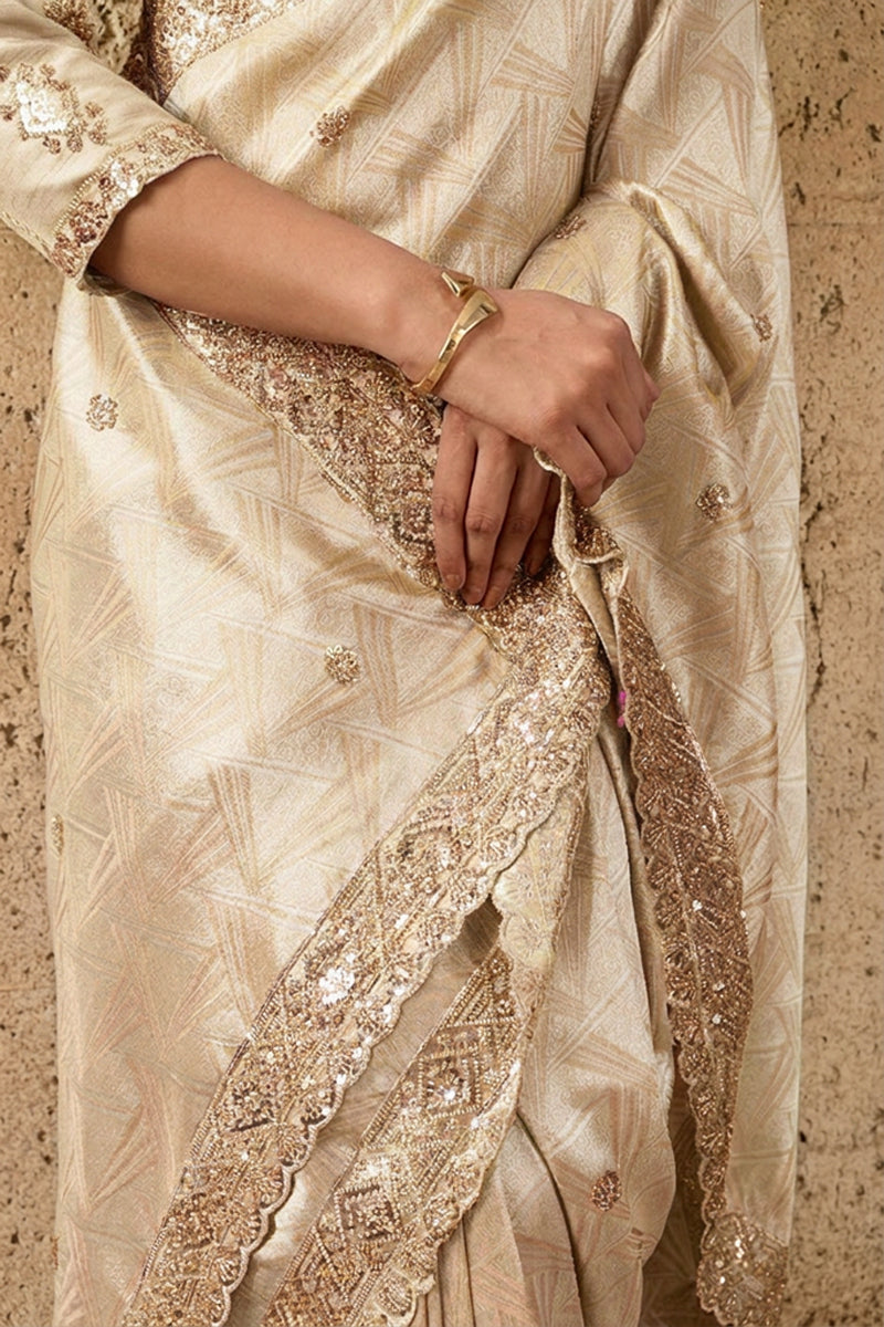 Ivory Cream Organza Silk Saree with Zari Hand Embroidery with Stitched Blouse