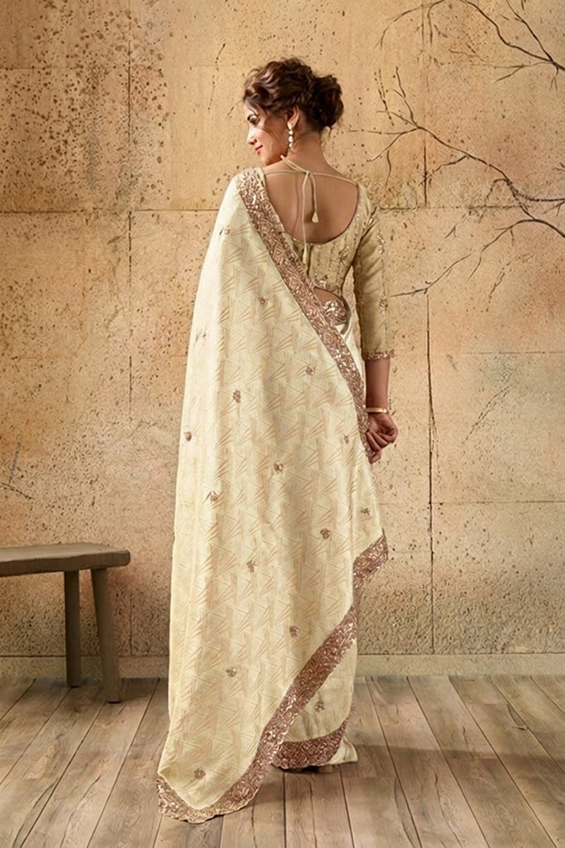 Ivory Cream Organza Silk Saree with Zari Hand Embroidery with Stitched Blouse