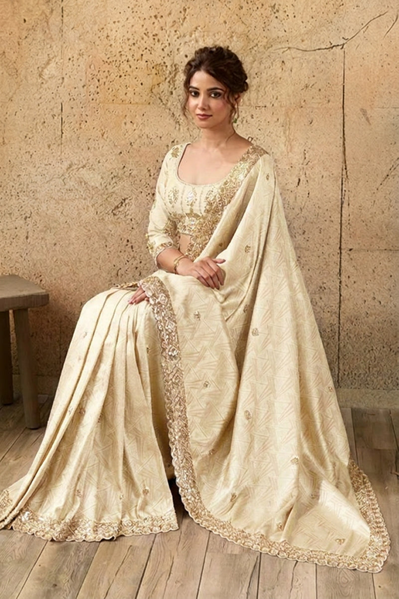 Ivory Cream Organza Silk Saree with Zari Hand Embroidery with Stitched Blouse