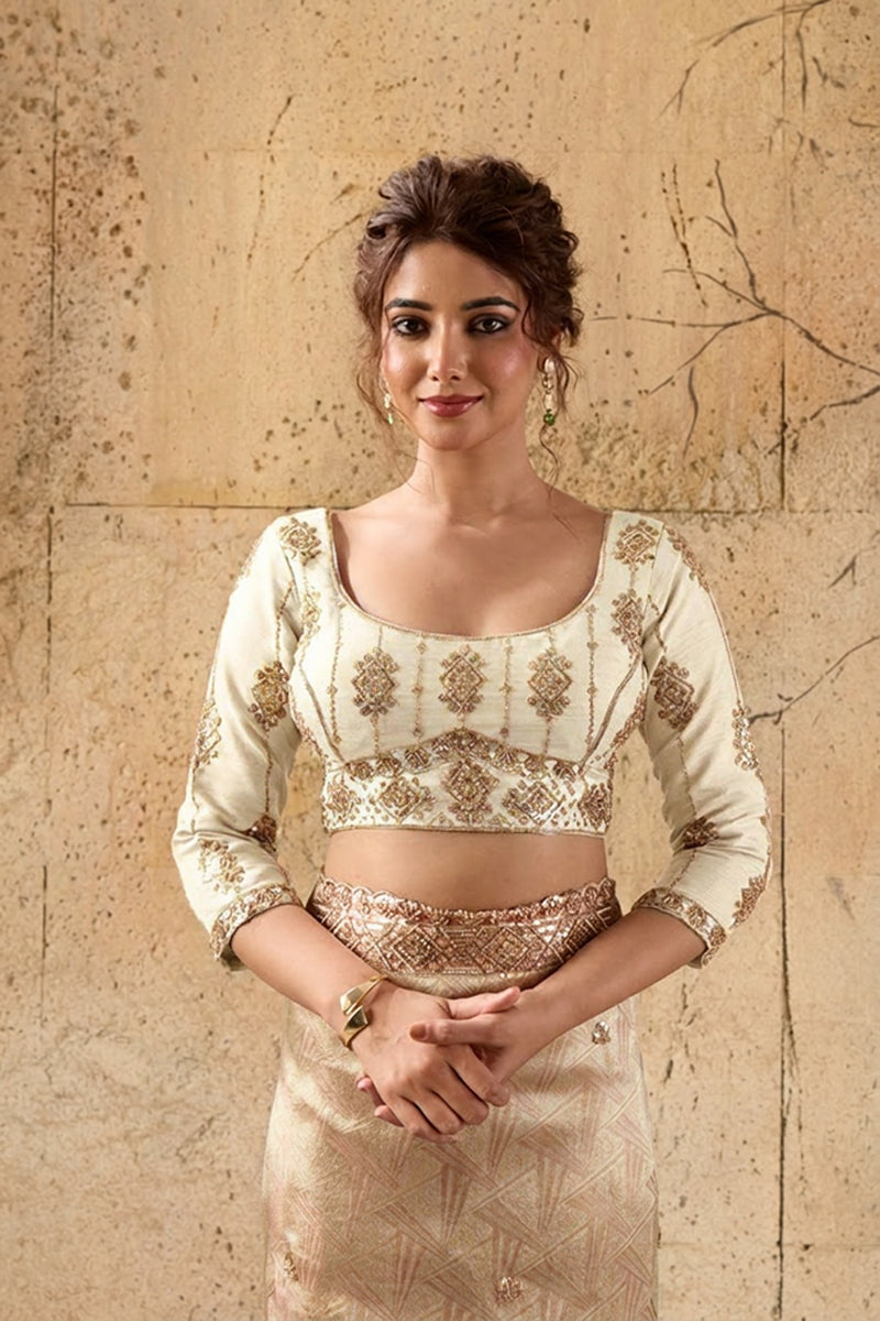 Ivory Cream Organza Silk Saree with Zari Hand Embroidery with Stitched Blouse