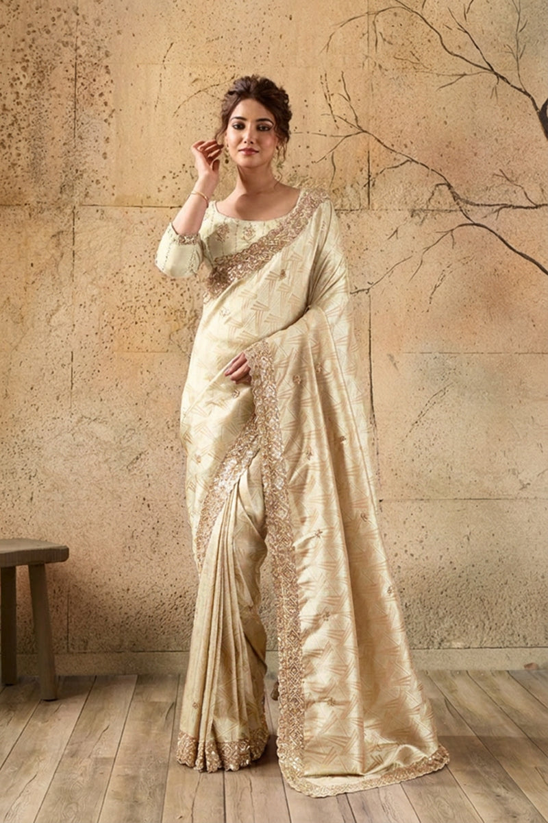 Ivory Cream Organza Silk Saree with Zari Hand Embroidery with Stitched Blouse