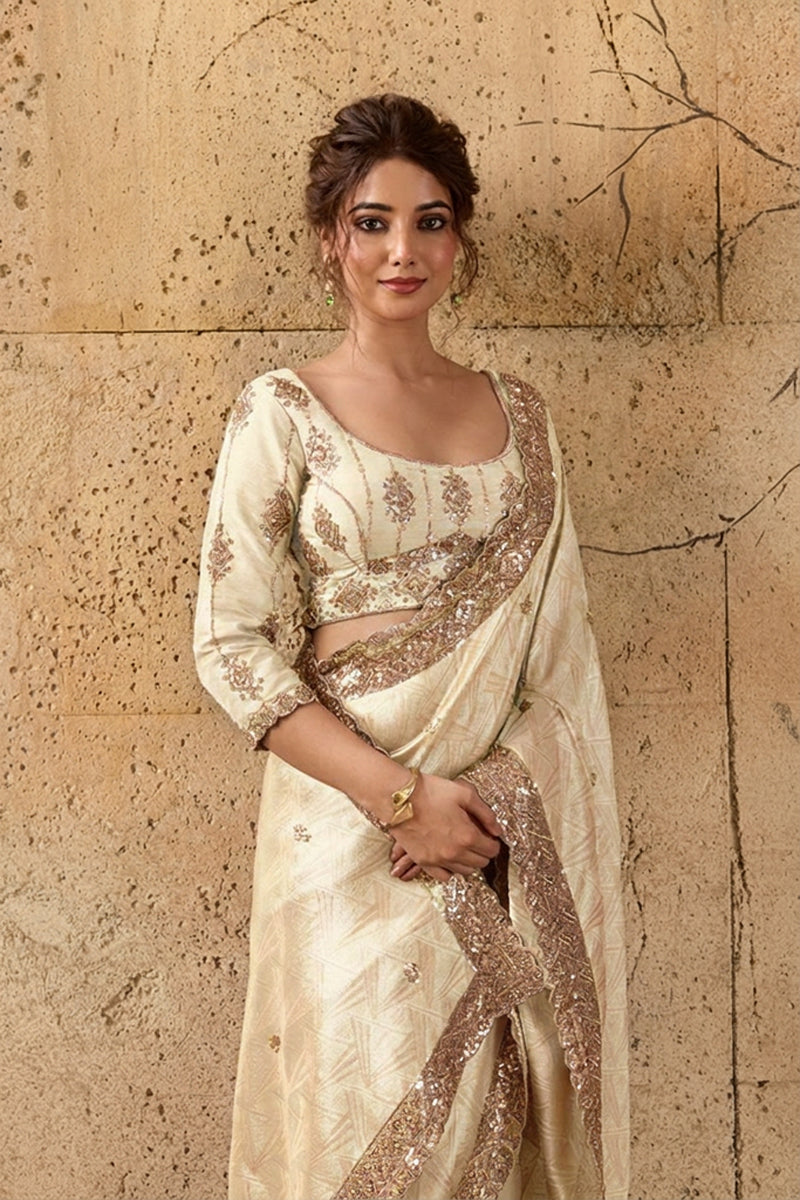 Ivory Cream Organza Silk Saree with Zari Hand Embroidery with Stitched Blouse