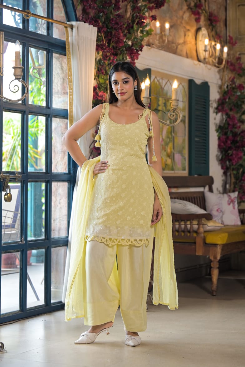 Lemon Georgette Sleeveless Salwar Suit Set with Dupatta