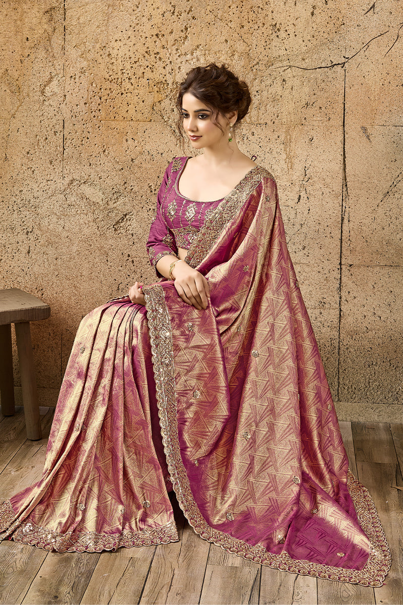 Rose Pink Organza Silk Saree with Zari Hand Embroidery with Stitched Blouse