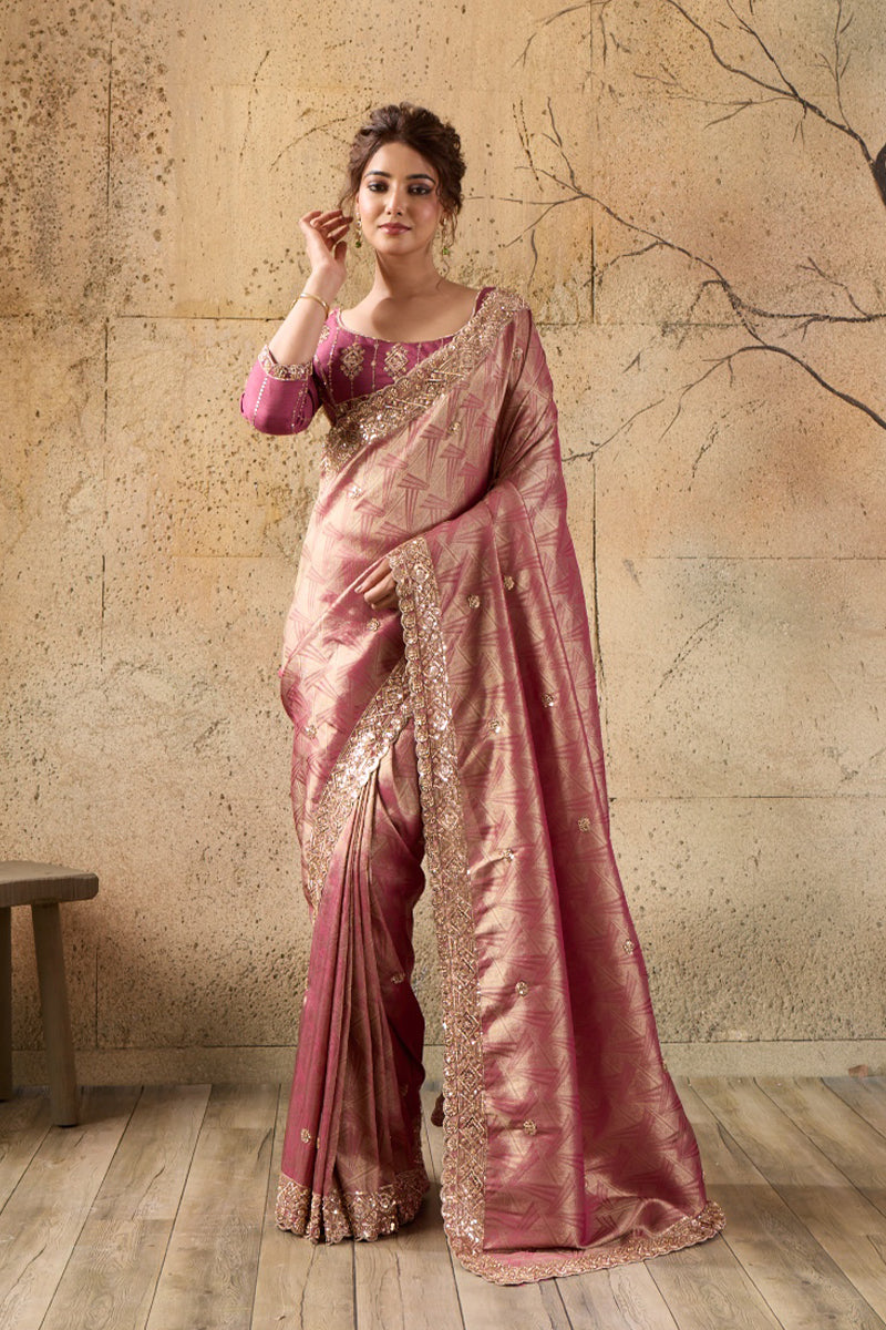 Rose Pink Organza Silk Saree with Zari Hand Embroidery with Stitched Blouse
