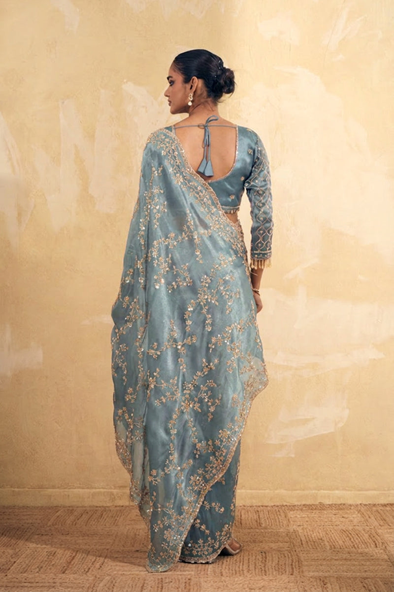 Aqua Blue Organza Silk Saree with Hand Embriodery with Stitched Blouse