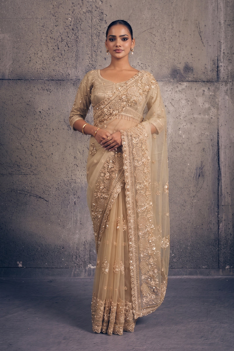 Beige Gold Net Saree with Hand Embroidery with Stitched Blouse