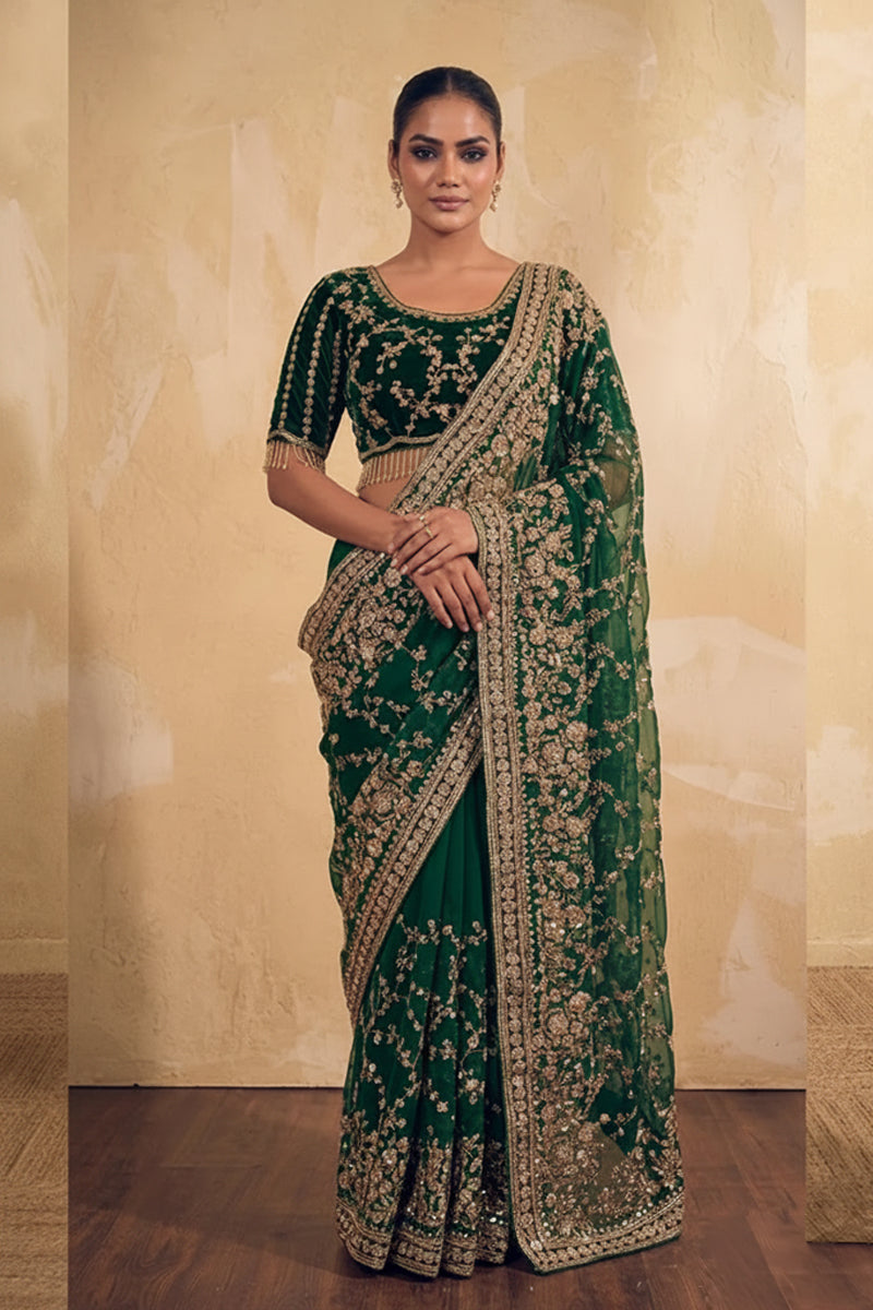 Bottle Green Organza Silk Saree with Hand Embroidery with Stitched Blouse