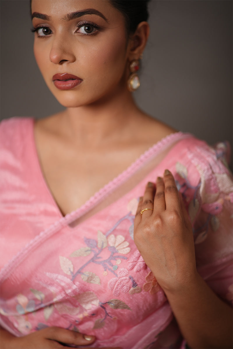 Soft Pink Organza Saree with Pastel Floral Thread Work