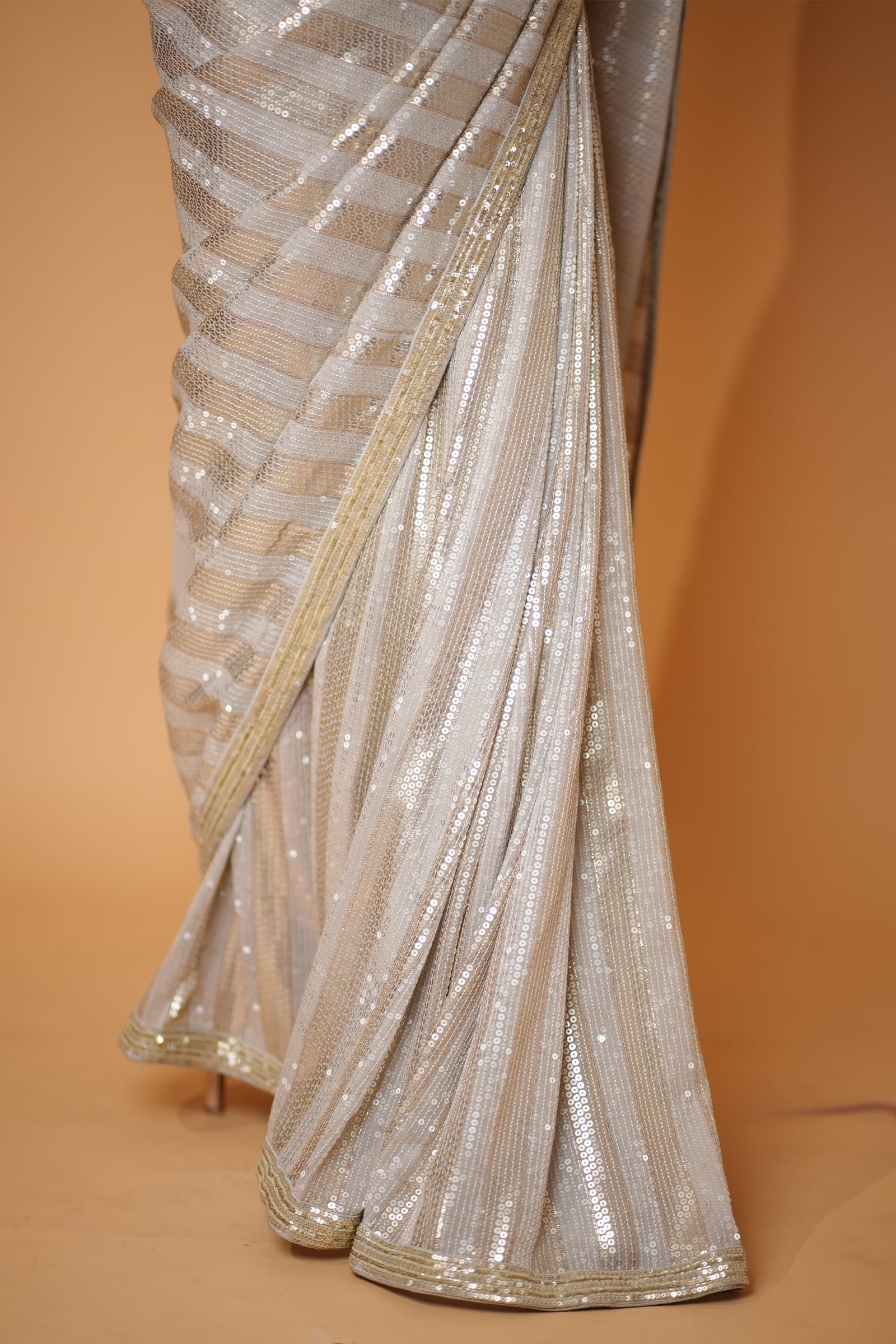 Off-White With Silver Diagonal Striped Sequin Embroidery Saree With Ready To Wear Blouse