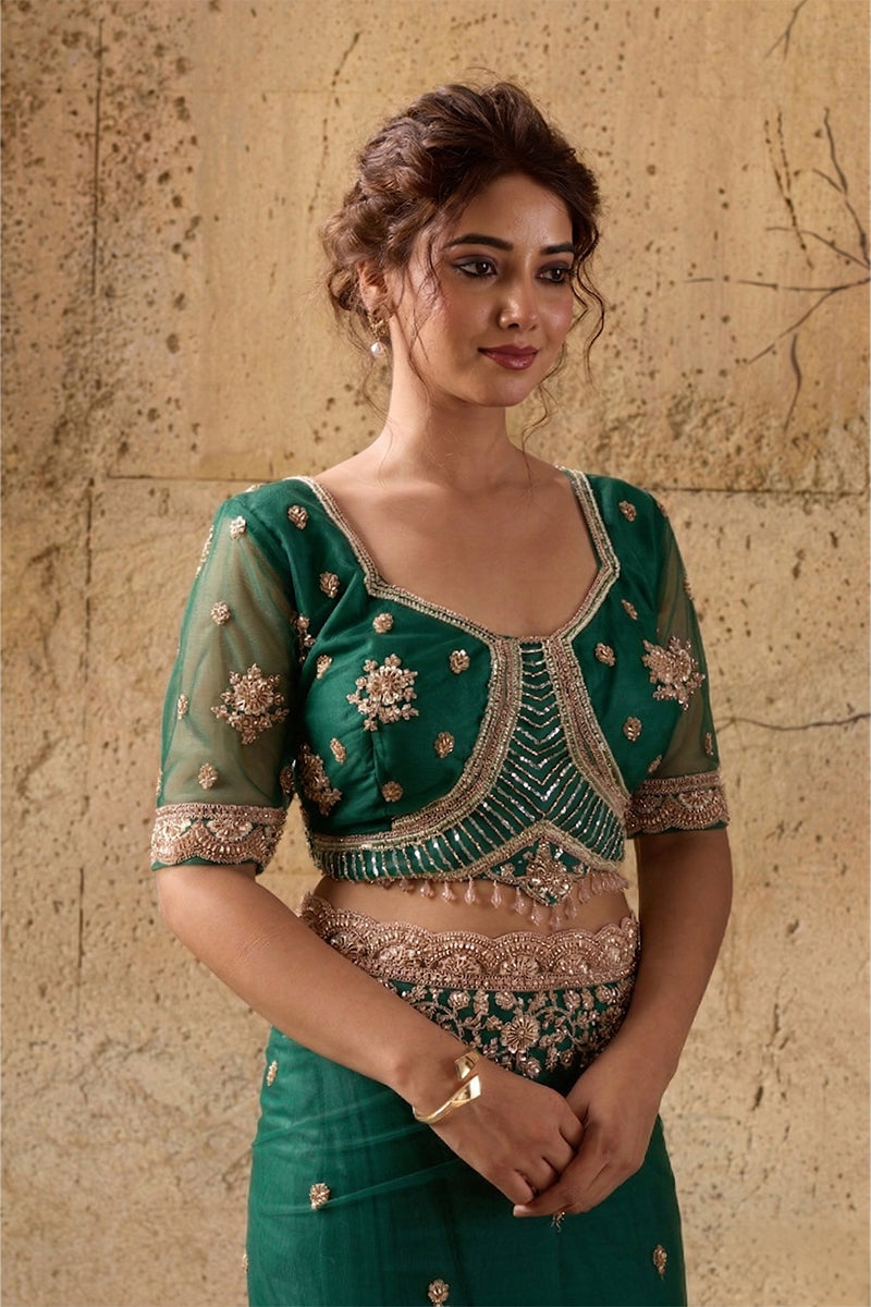 Emerald Green Net Saree with Hand Embroidery with Stitched Blouse