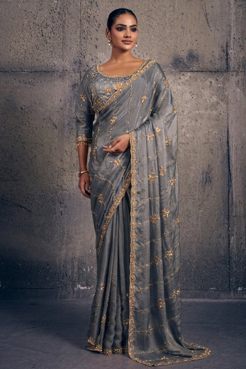 Golden Grey Tissue Silk Saree with Hand Embroidery with Stitched Blouse