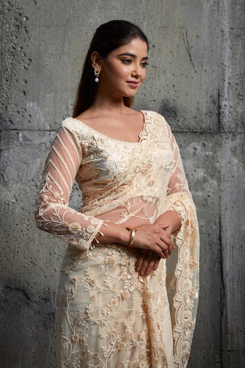 Ivory White Net Saree With Sequin Hand Embroidery with Stitched Blouse