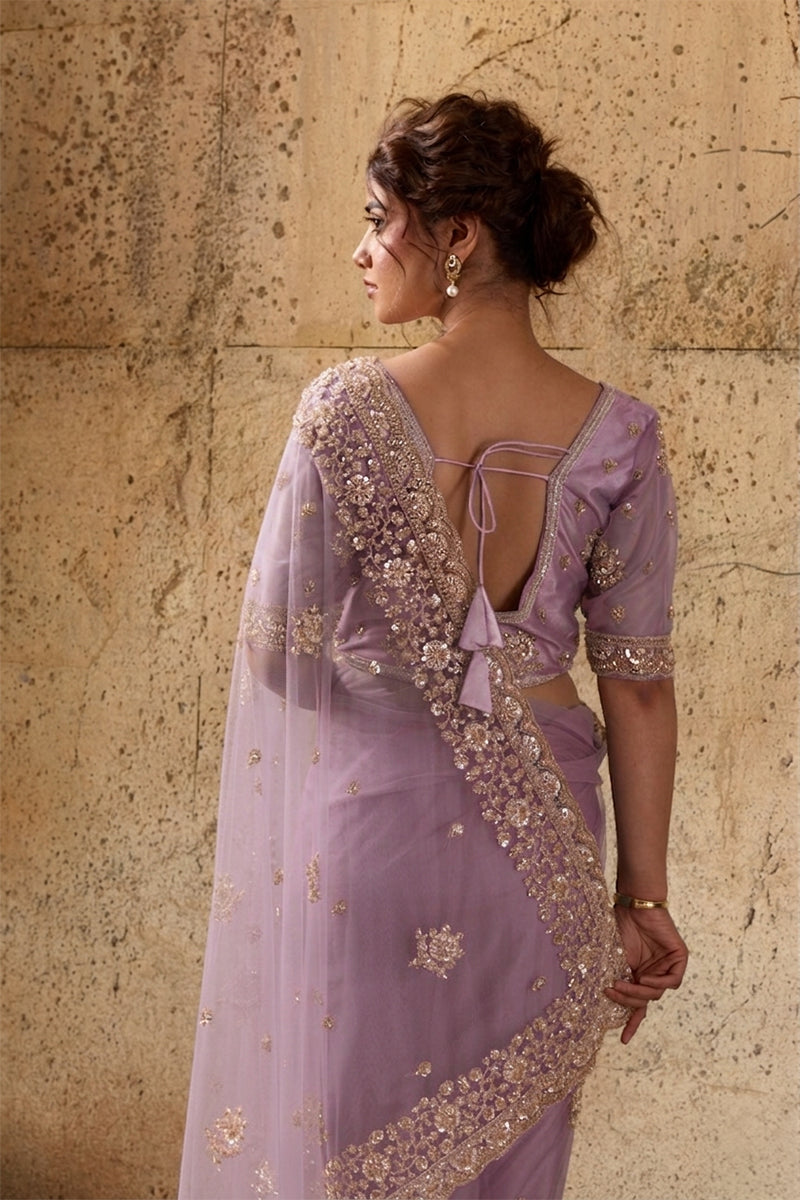 Lavendar Net Saree with Hand Embroidery with Stitched Blouse