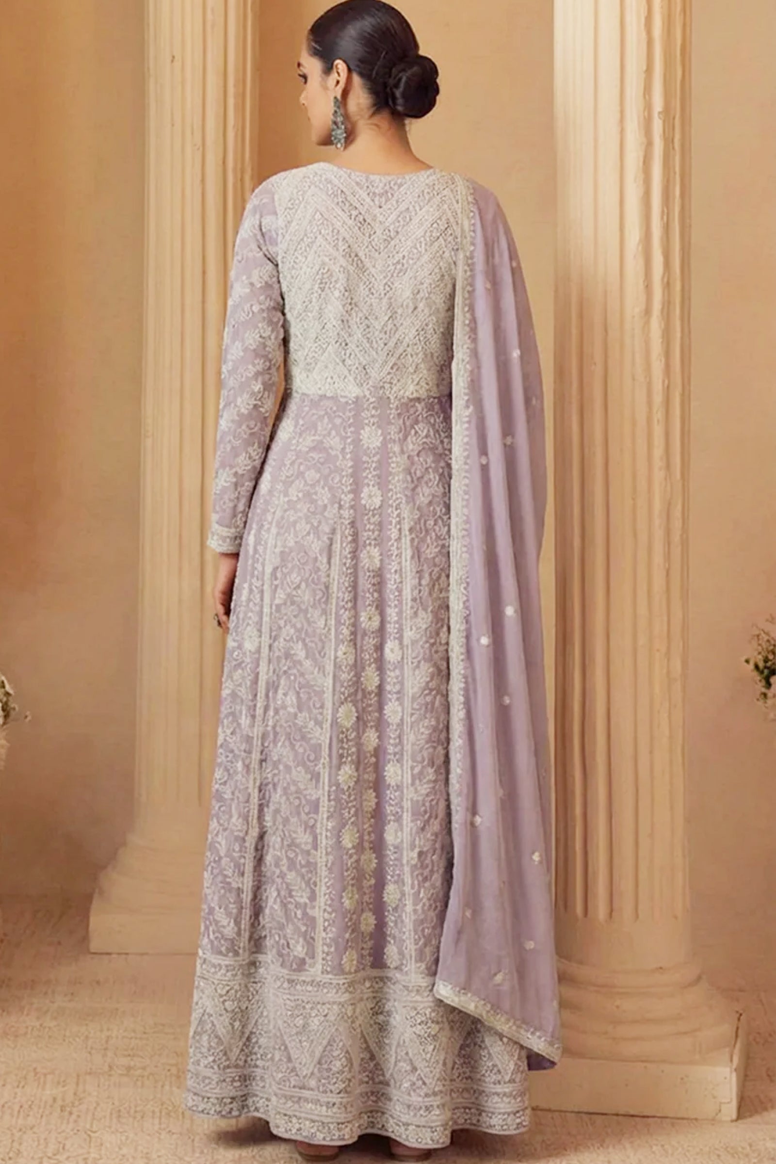 Lavender Georgette Front-Slit Anarkali with Intricate Ivory Threadwork