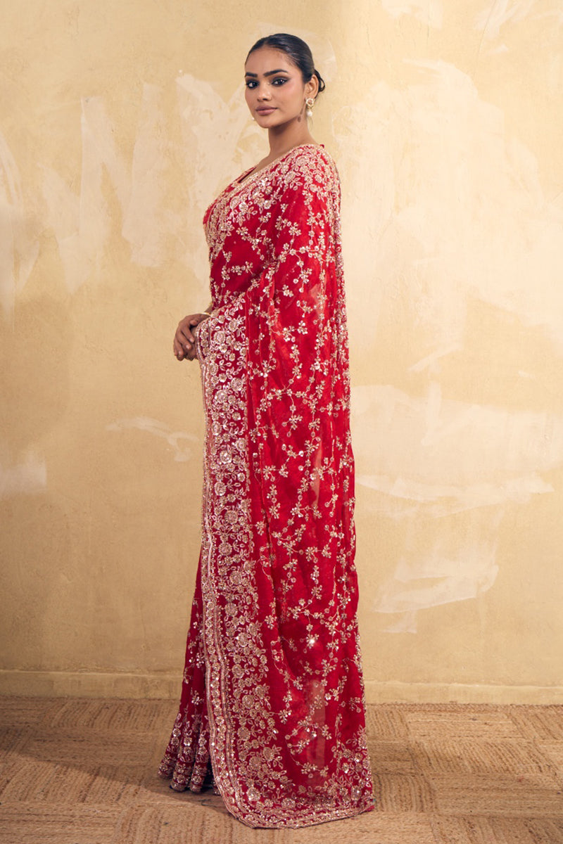 Bridal Red Organza Silk Saree with Hand Embroidery with Stitched Blouse