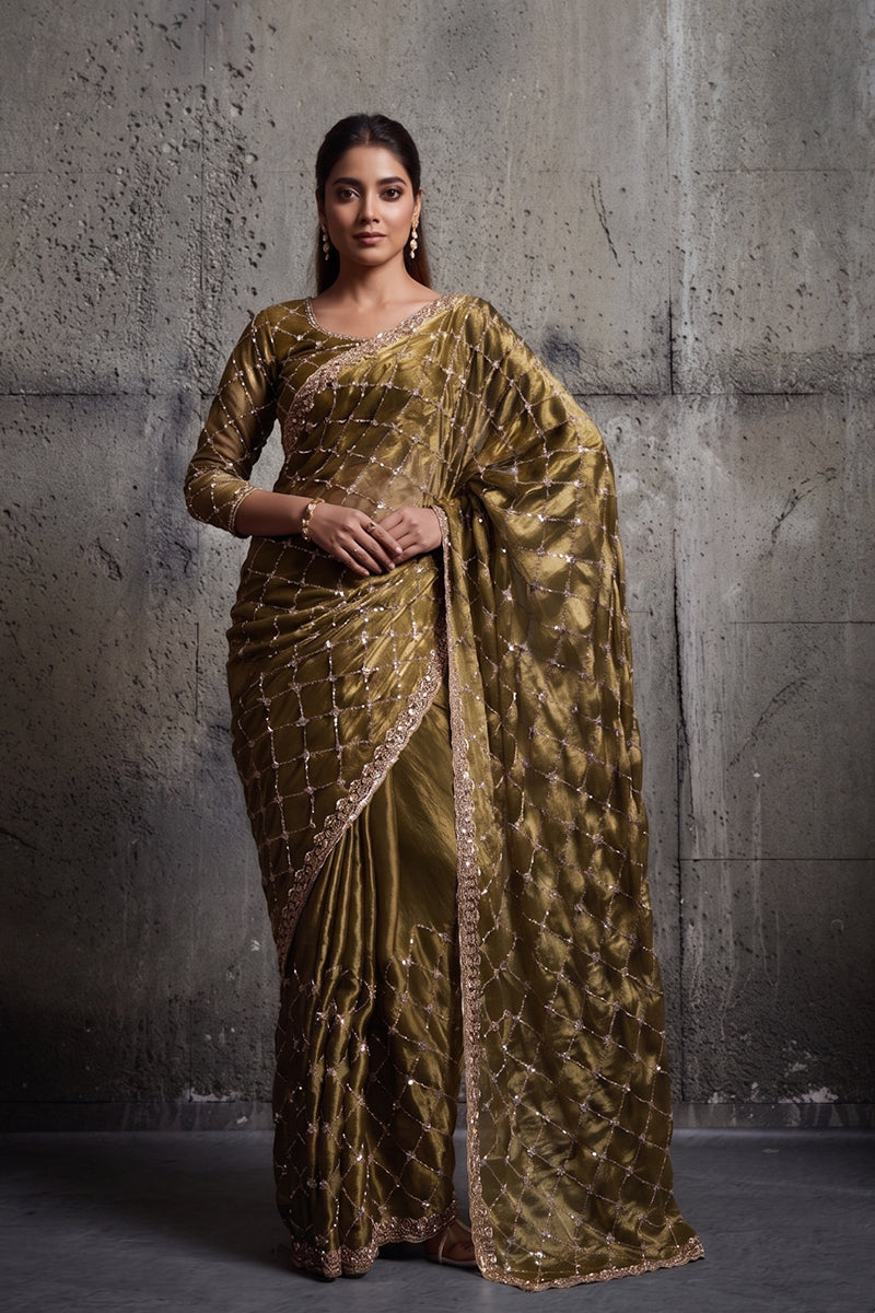 Mehandi Green Organza Silk Saree with Hand Embroidery with Stitched Blouse