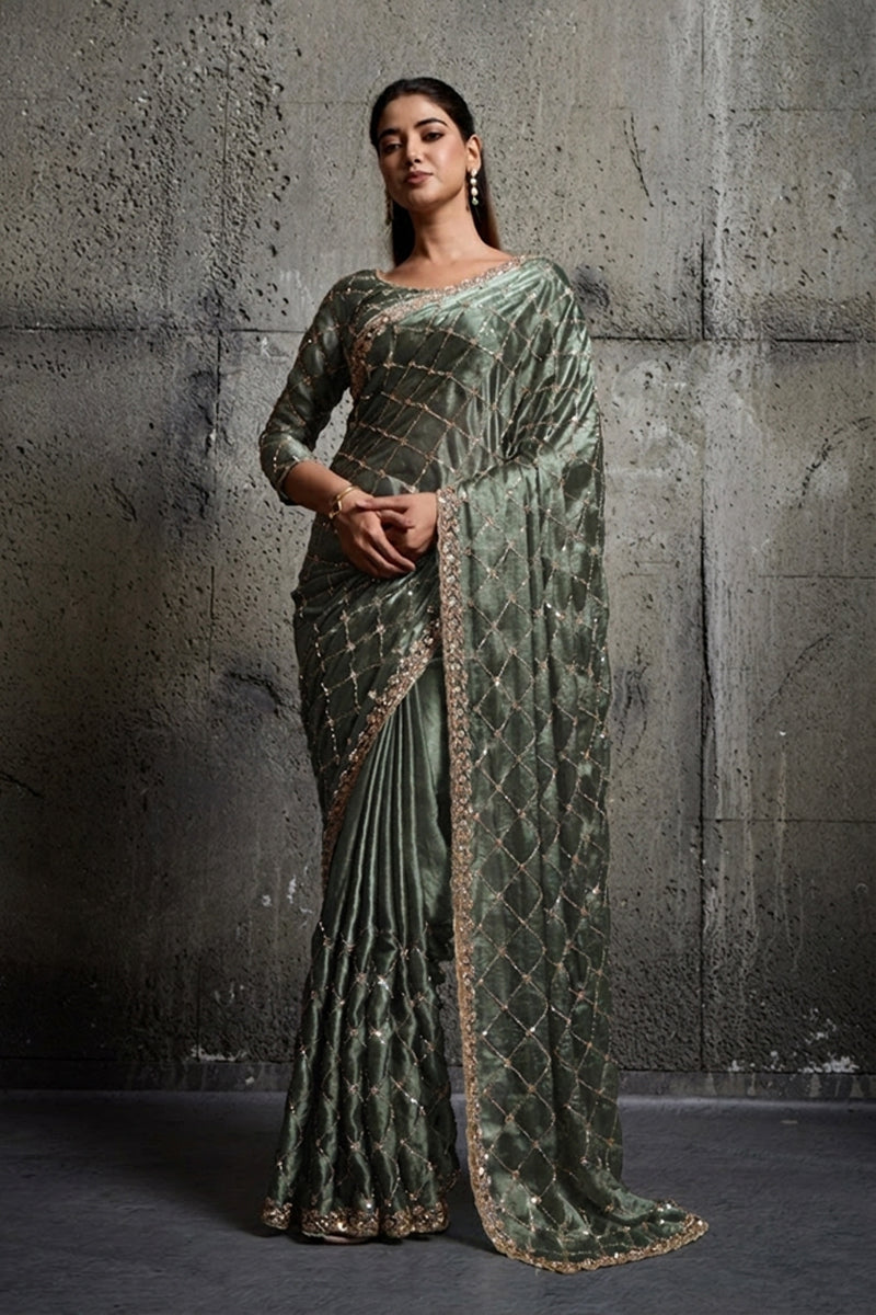 Mint Green Organza Silk Saree with Hand Embroidery with Stitched Blouse