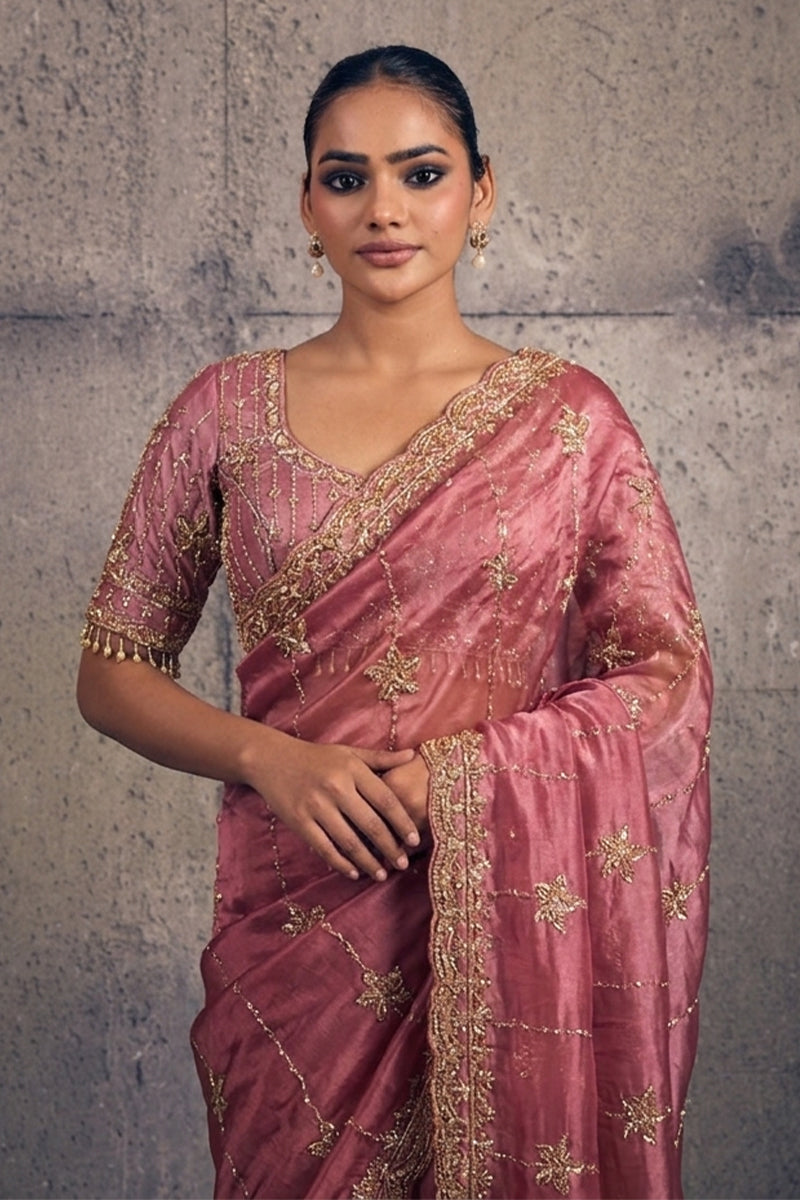 Rose Pink Tissue Silk Saree with Hand Embroidery with Stitched Blouse