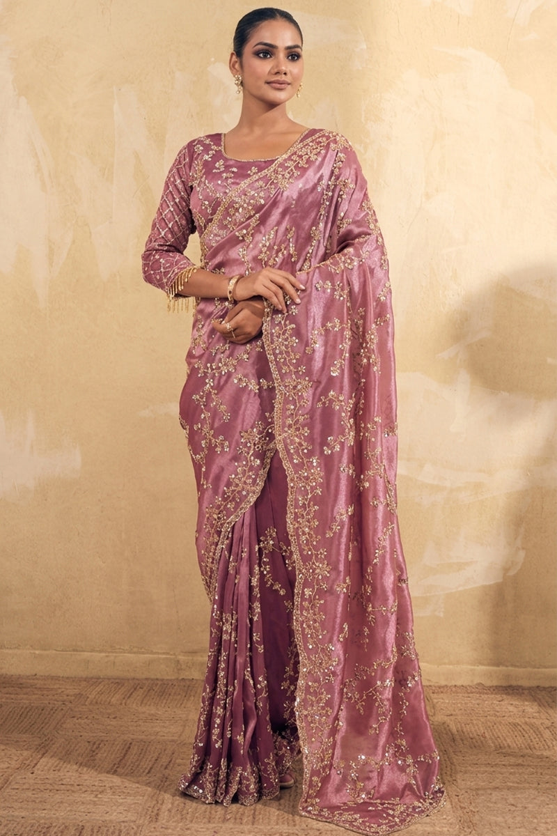 Magenta Pink Organza Silk Saree with Hand Embriodery with Stitched Blouse