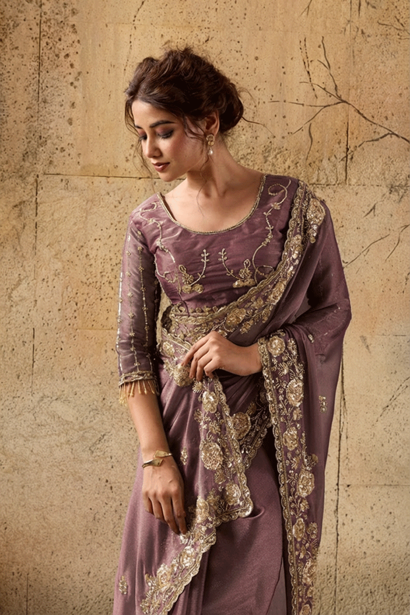 Mauve Pink Organza Saree with Floral Hand Embroidery
