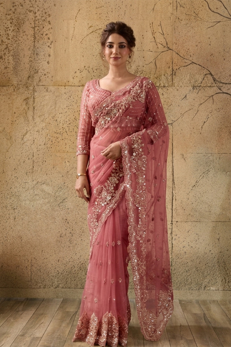 Rose Pink Net Saree With Sequin Hand Embroidery with Stitched Blouse