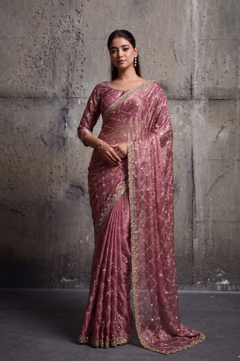 Rose Pink Organza Silk Saree with Hand Embroidery with Stitched Blouse