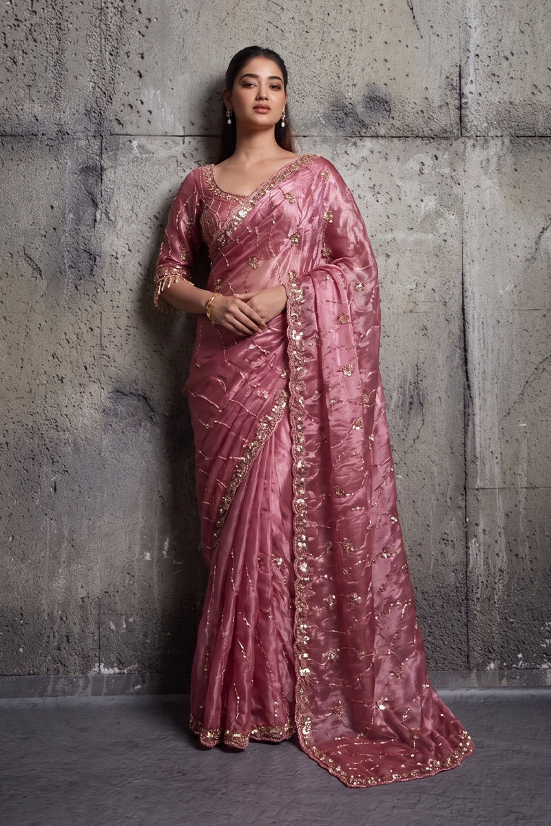 Rose Pink Organza Saree with Hand Embroidery with Stitched Blouse