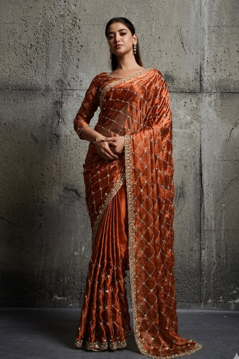 Rusty Dark Orange Organza Silk Saree with Hand Embroidery with Stitched Blouse