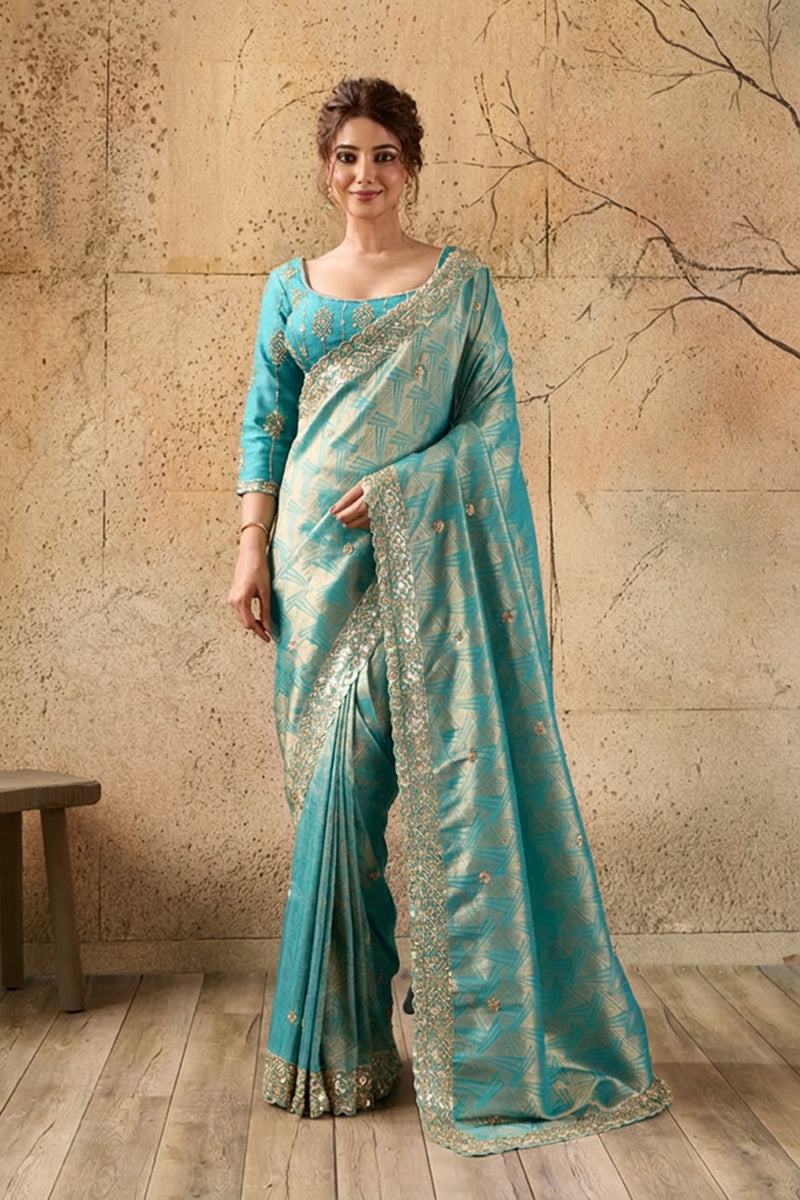 Sky Blue Organza Silk Saree with Zari Hand Embroidery with Stitched Blouse