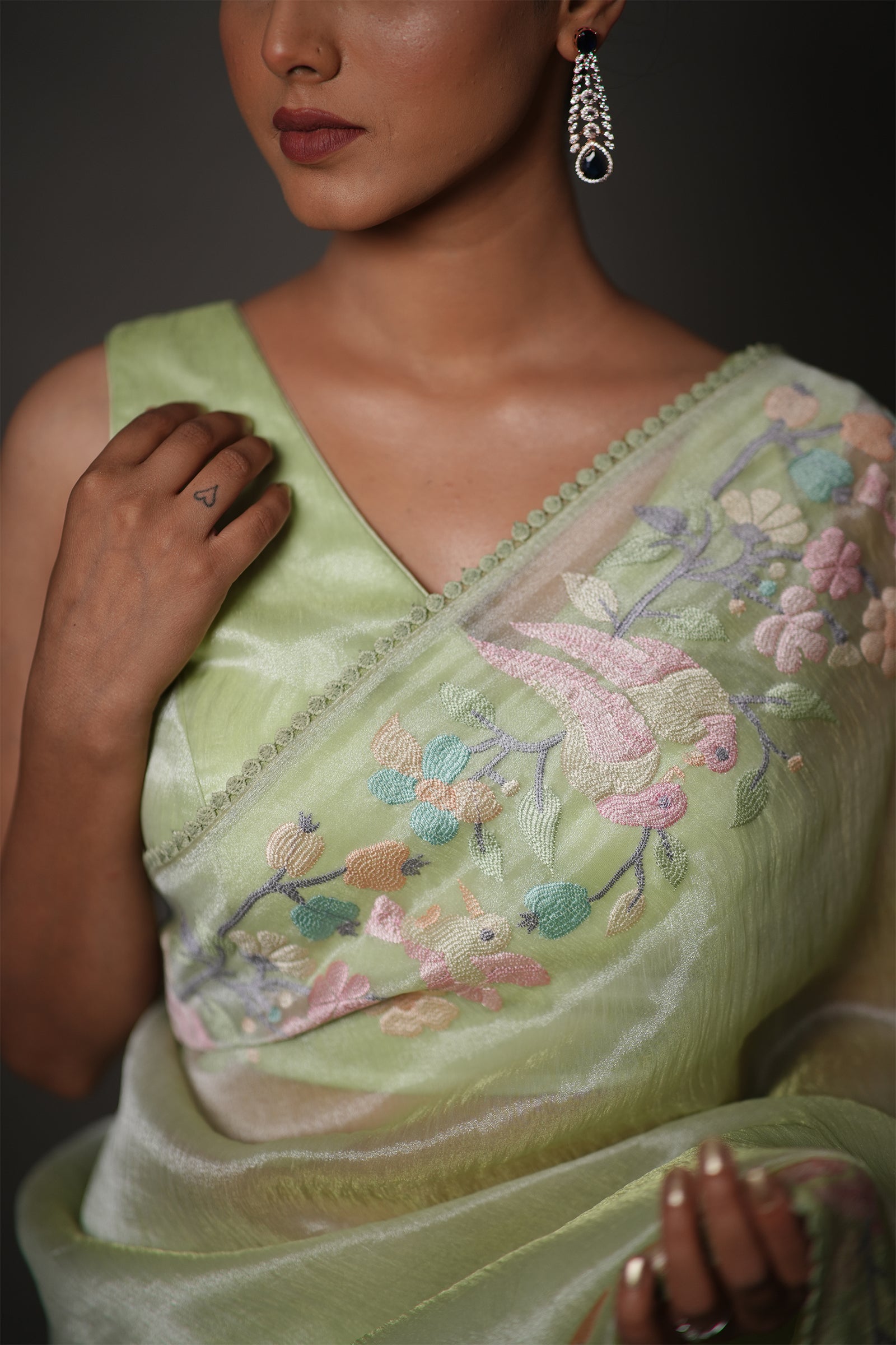 Pastel Green Organza Saree with Pastel Floral Thread Work