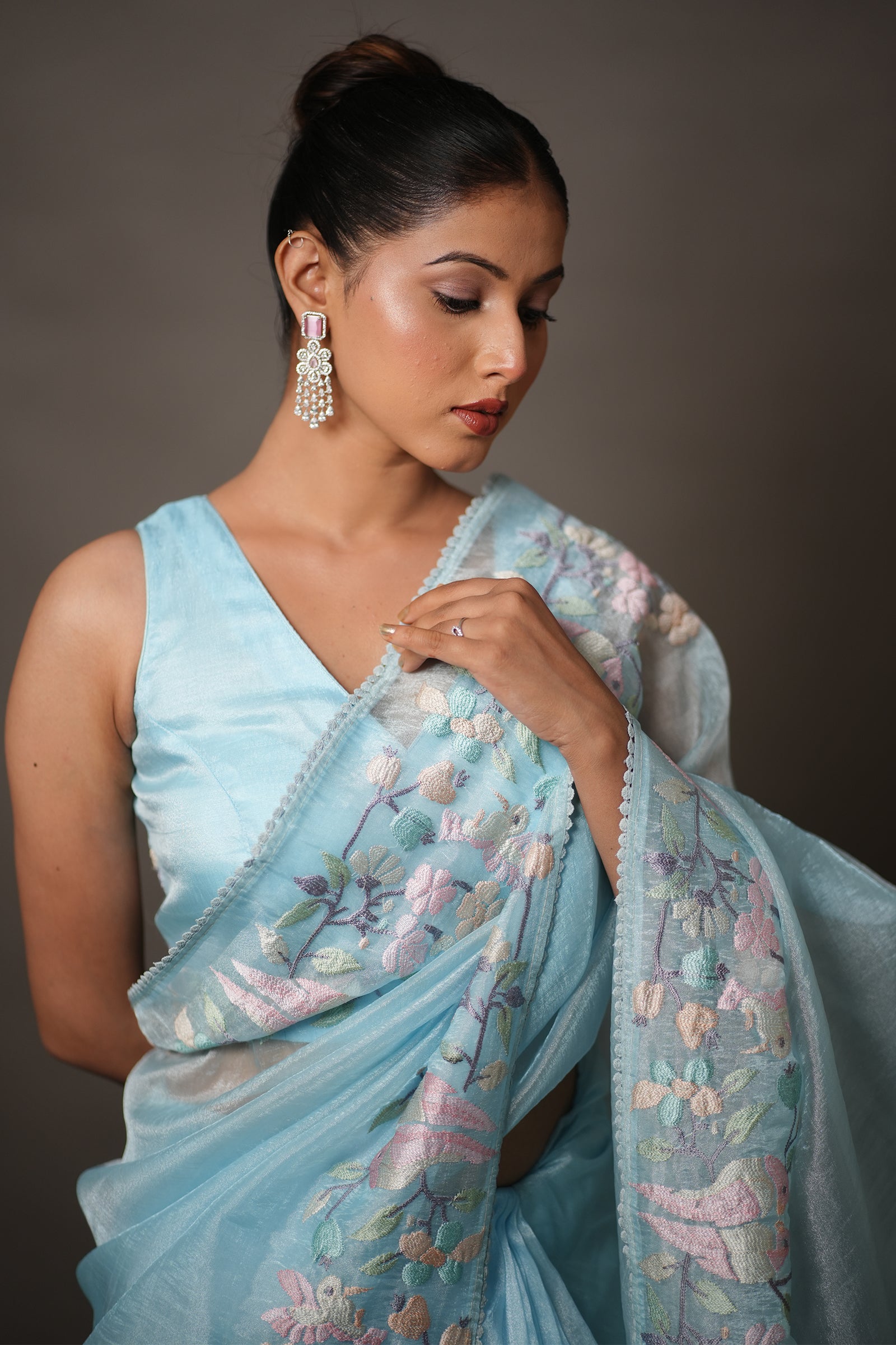 Sky Blue Organza Saree with Pastel Floral Thread Work