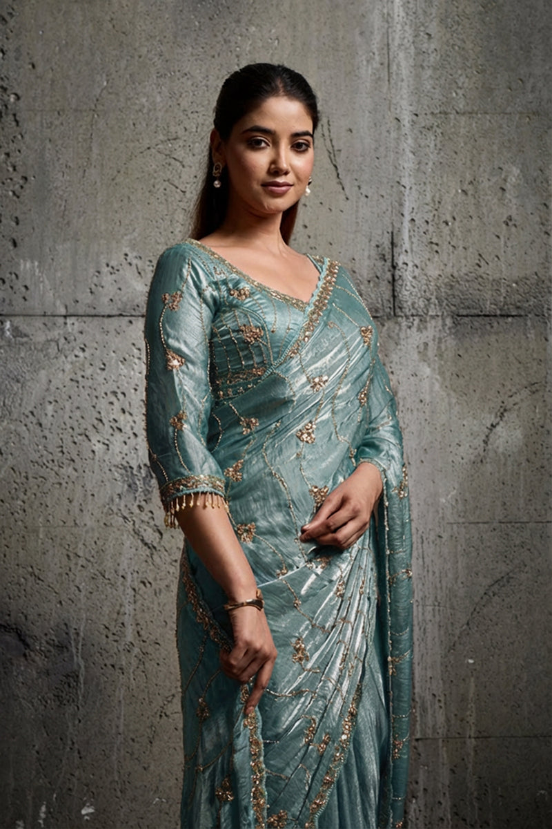 Teal Blue Organza Saree with Hand Embroidery with Stitched Blouse
